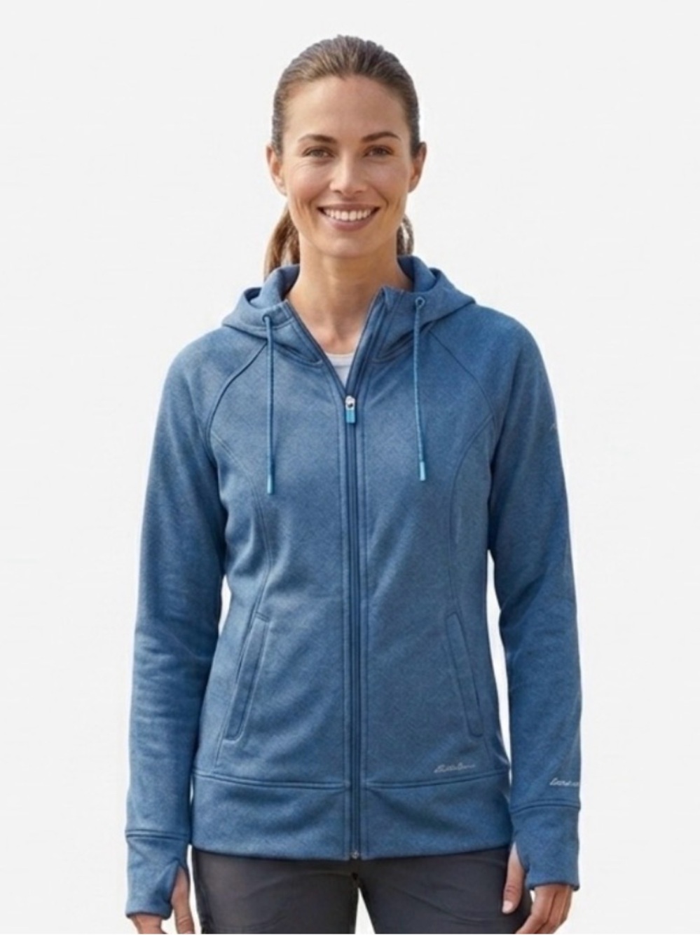 Eddie Bauer Full Zip Fleece Hoodie Jacket Heathered Blue Thumbholes Medium